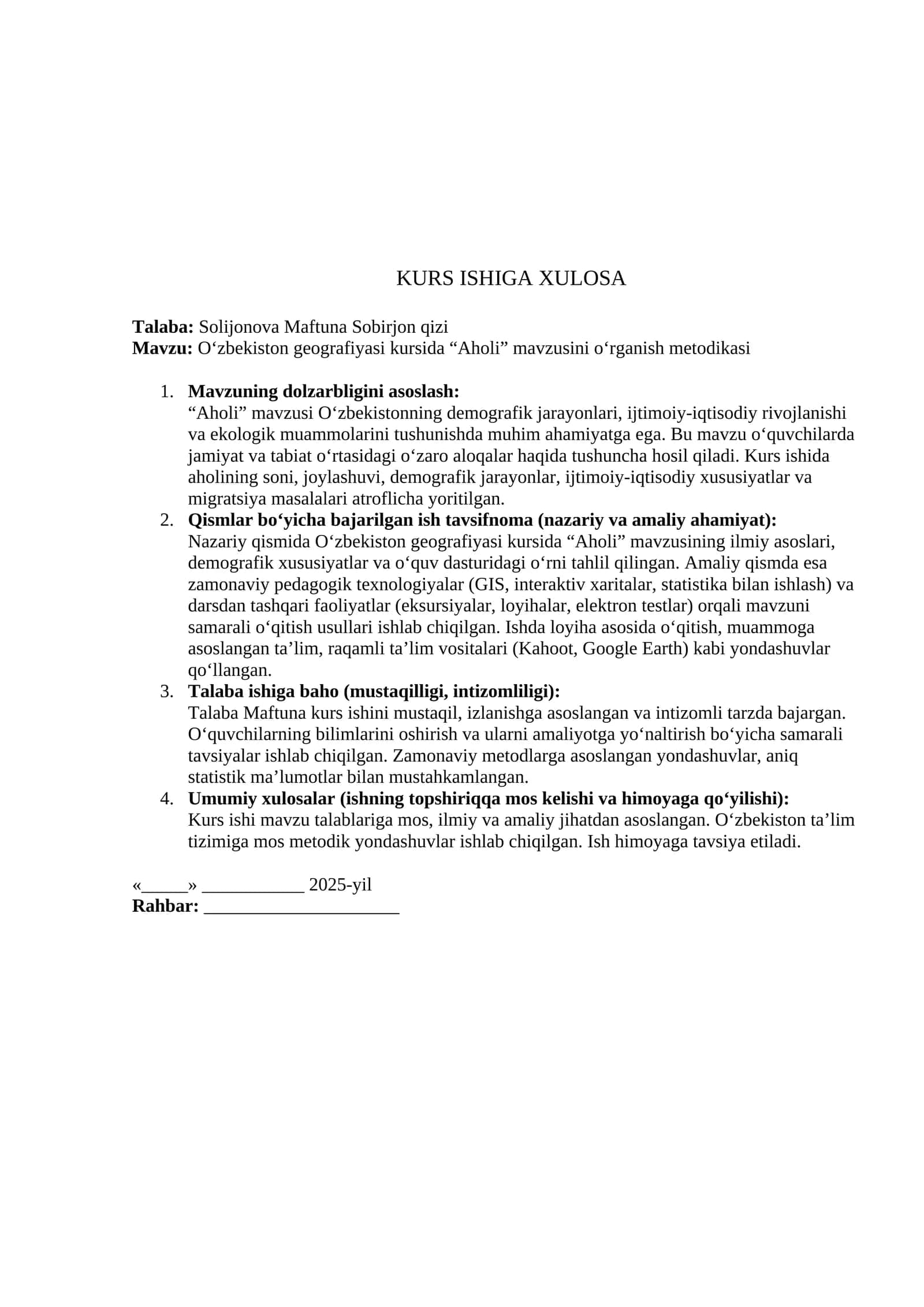 O‘zbekiston geografiyasi kursida “Aholi” mavzusini o‘rganish metodikasi