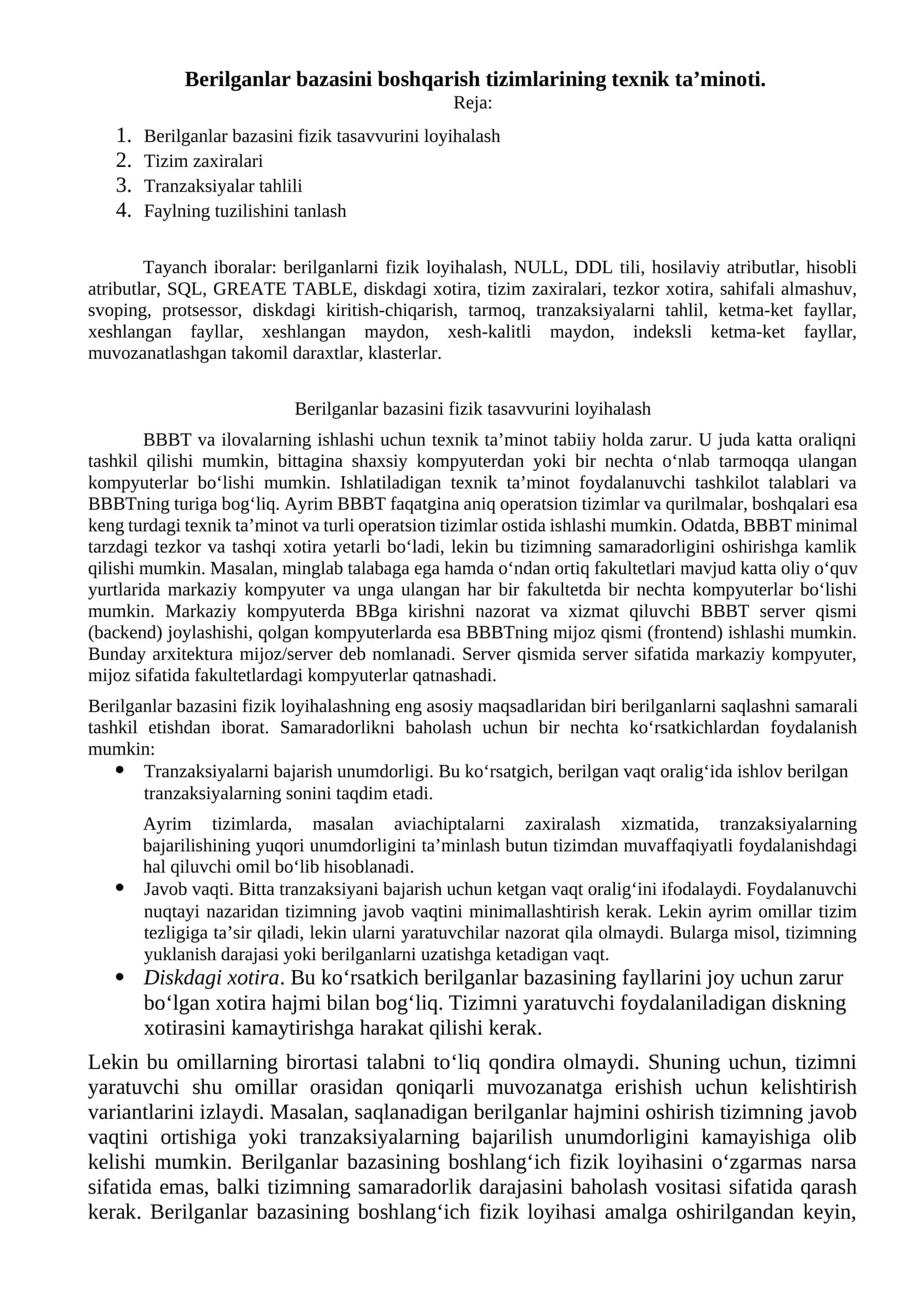 Berilganlar bazasini boshqarish tizimlarining texnik ta’minoti