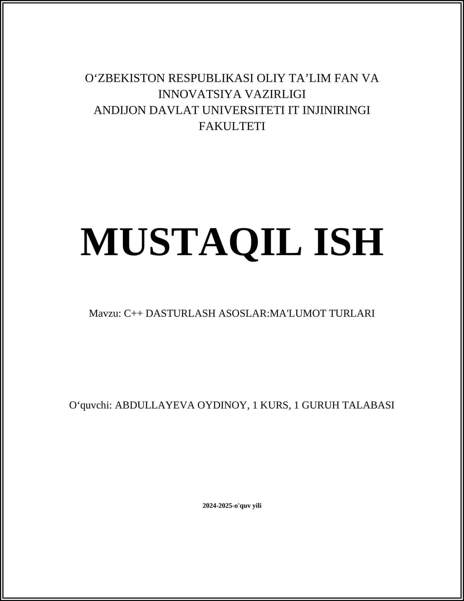 C++ DASTURLASH ASOSLAR:MA'LUMOT TURLARI