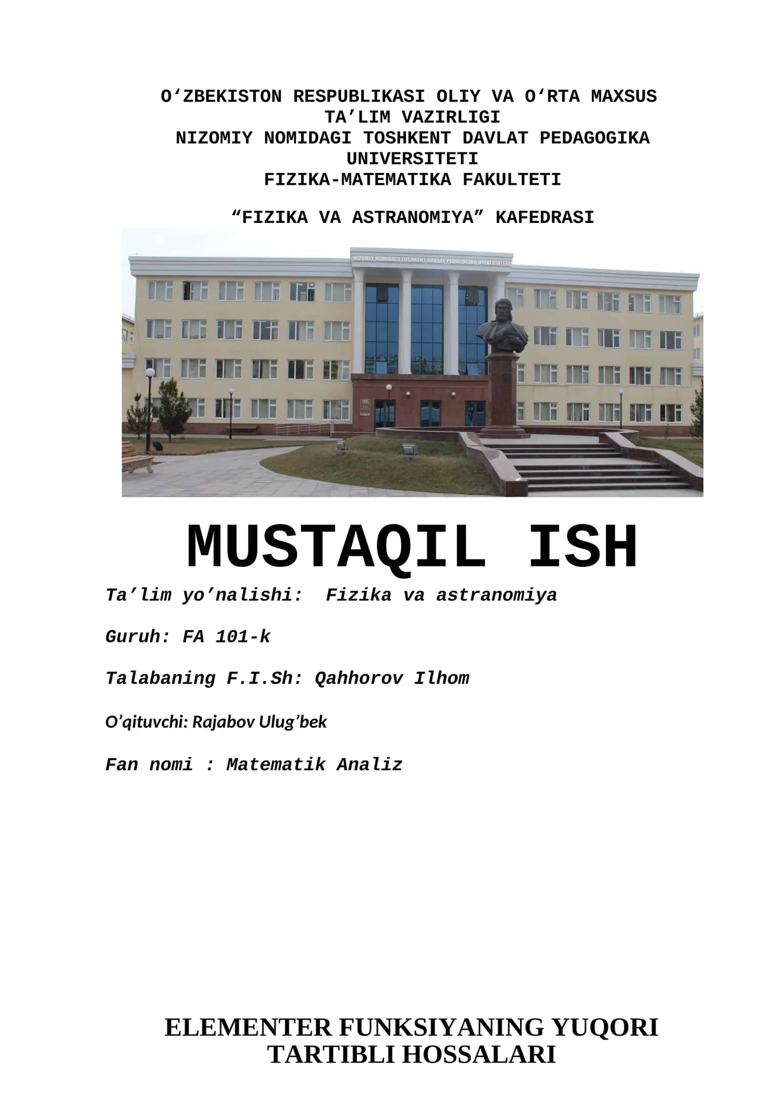 ELEMENTER FUNKSIYANING YUQORI TARTIBLI HOSSALARI