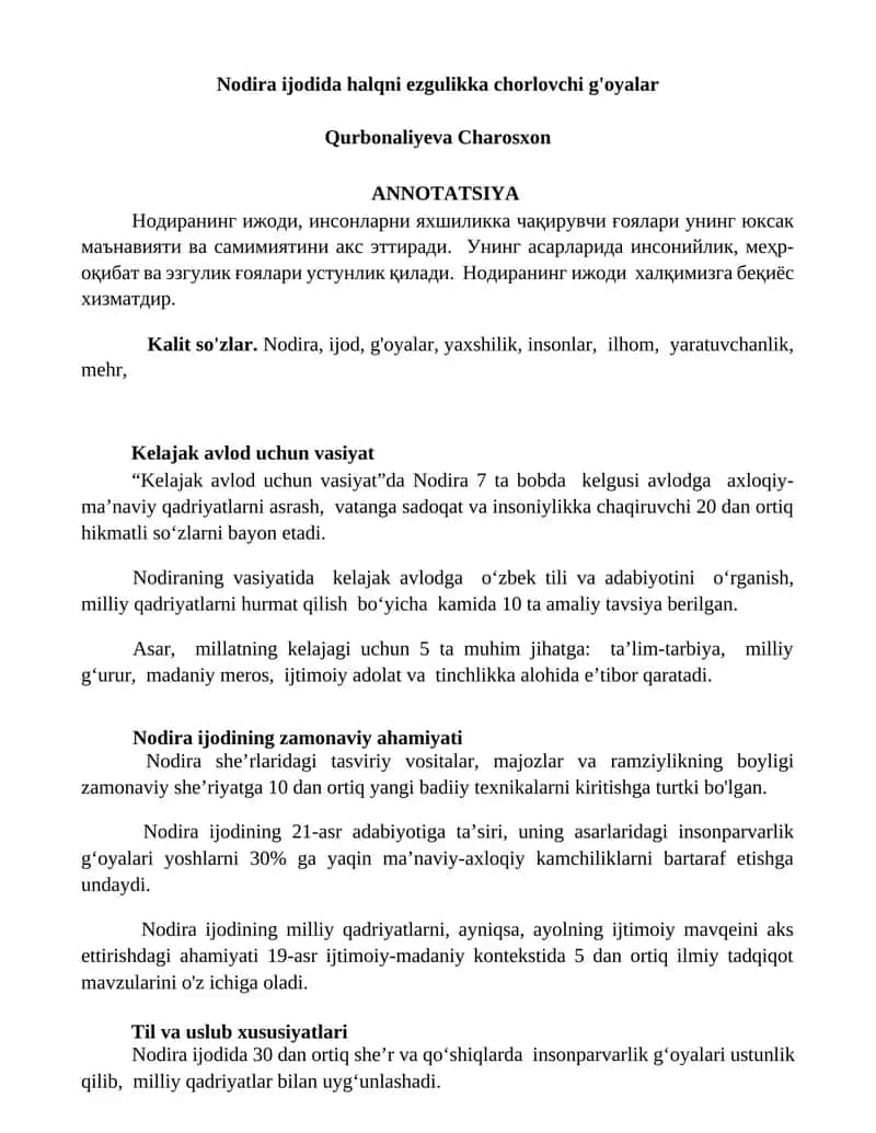 Nodira ijodida halqni ezgulikka chorlovchi g'oyalar