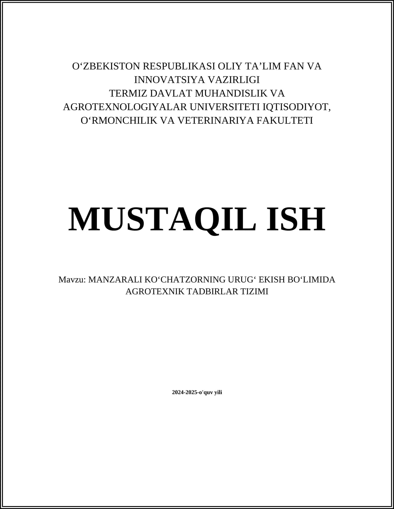 MANZARALI KOʻCHATZORNING URUGʻ EKISH BOʻLIMIDA AGROTEXNIK TADBIRLAR TIZIMI