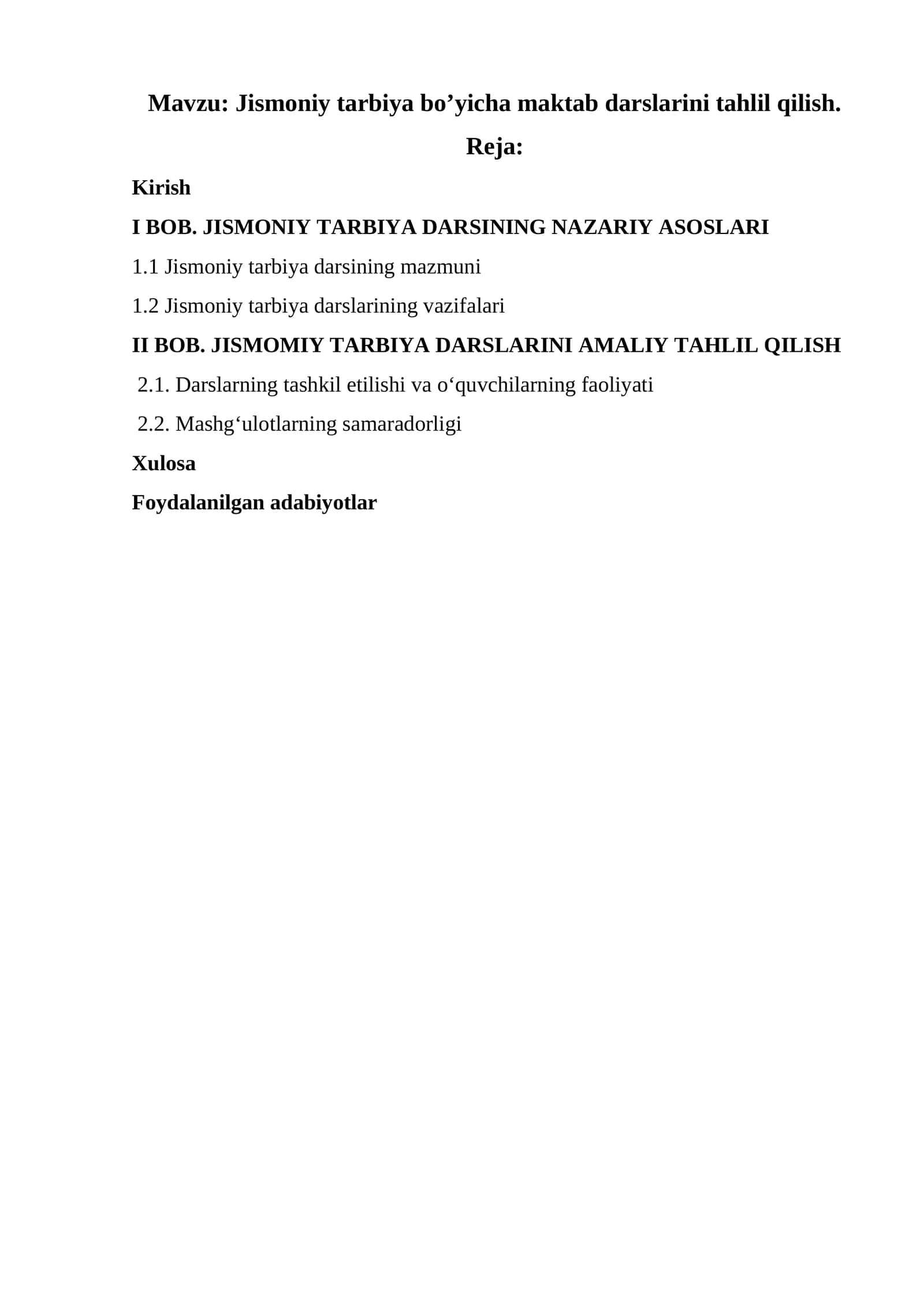 Jismoniy tarbiya bo’yicha maktab darslarini tahlil qilish