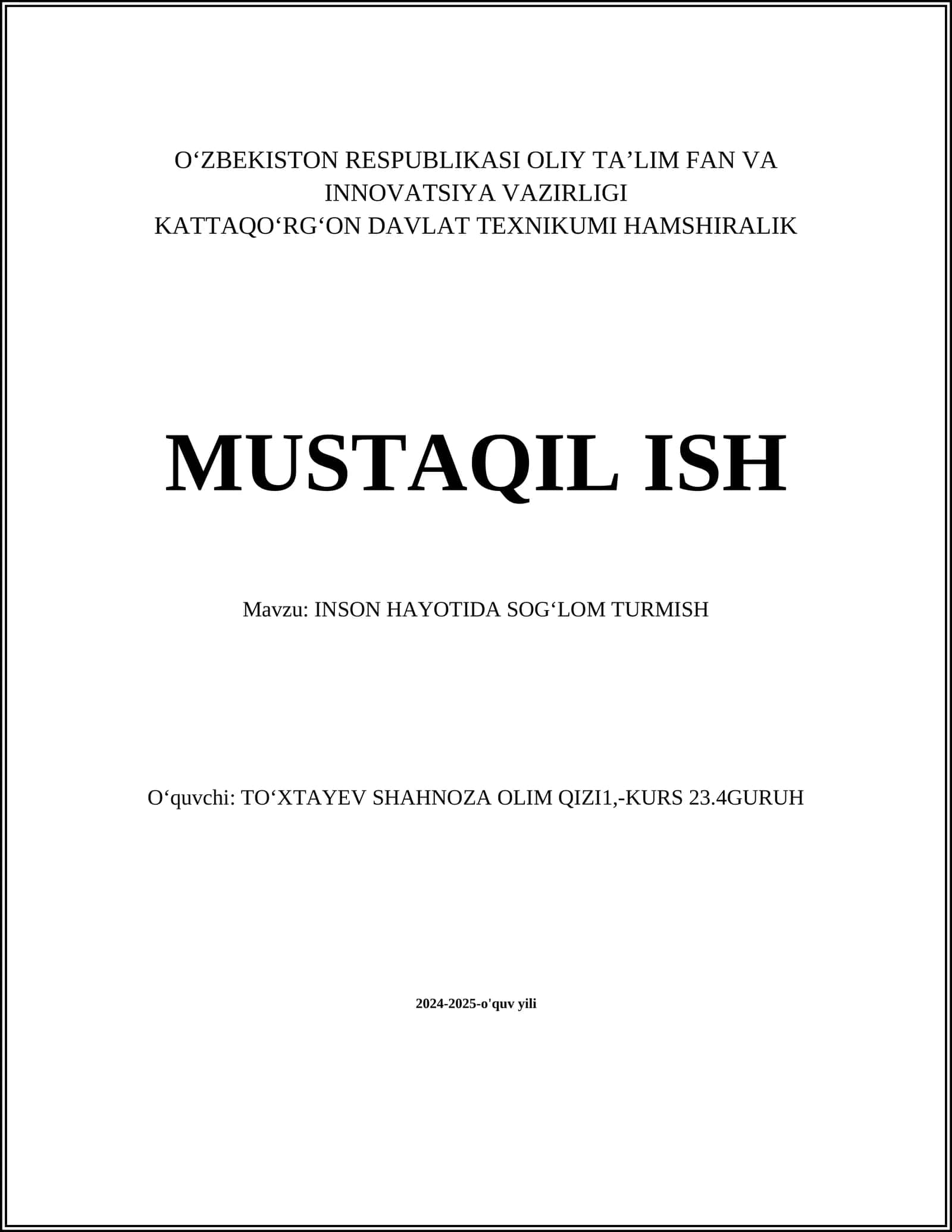 INSON HAYOTIDA SOGʻLOM TURMISH