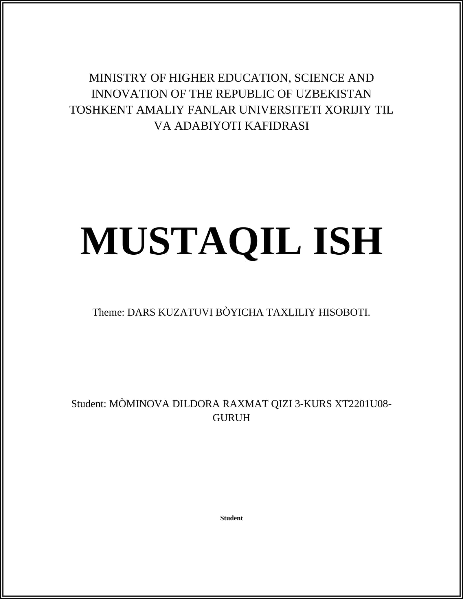 DARS KUZATUVI BÒYICHA TAXLILIY HISOBOTI