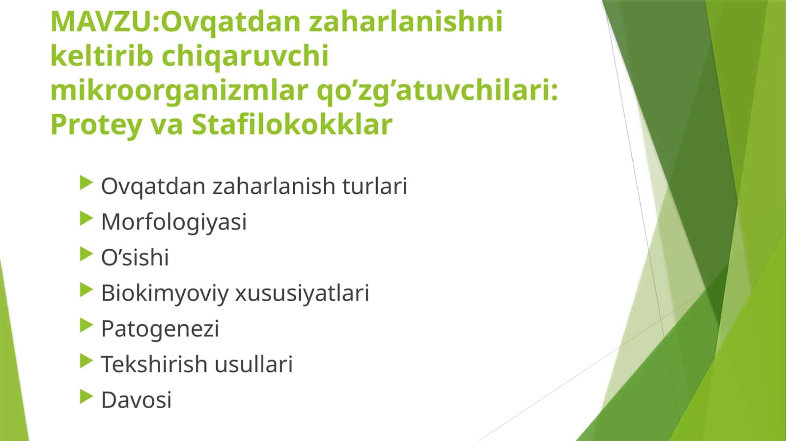 Ovqatdan zaharlanishni keltirib chiqaruvchi mikroorganizmlar qo’zg’atuvchilari: Protey va Stafilokokklar