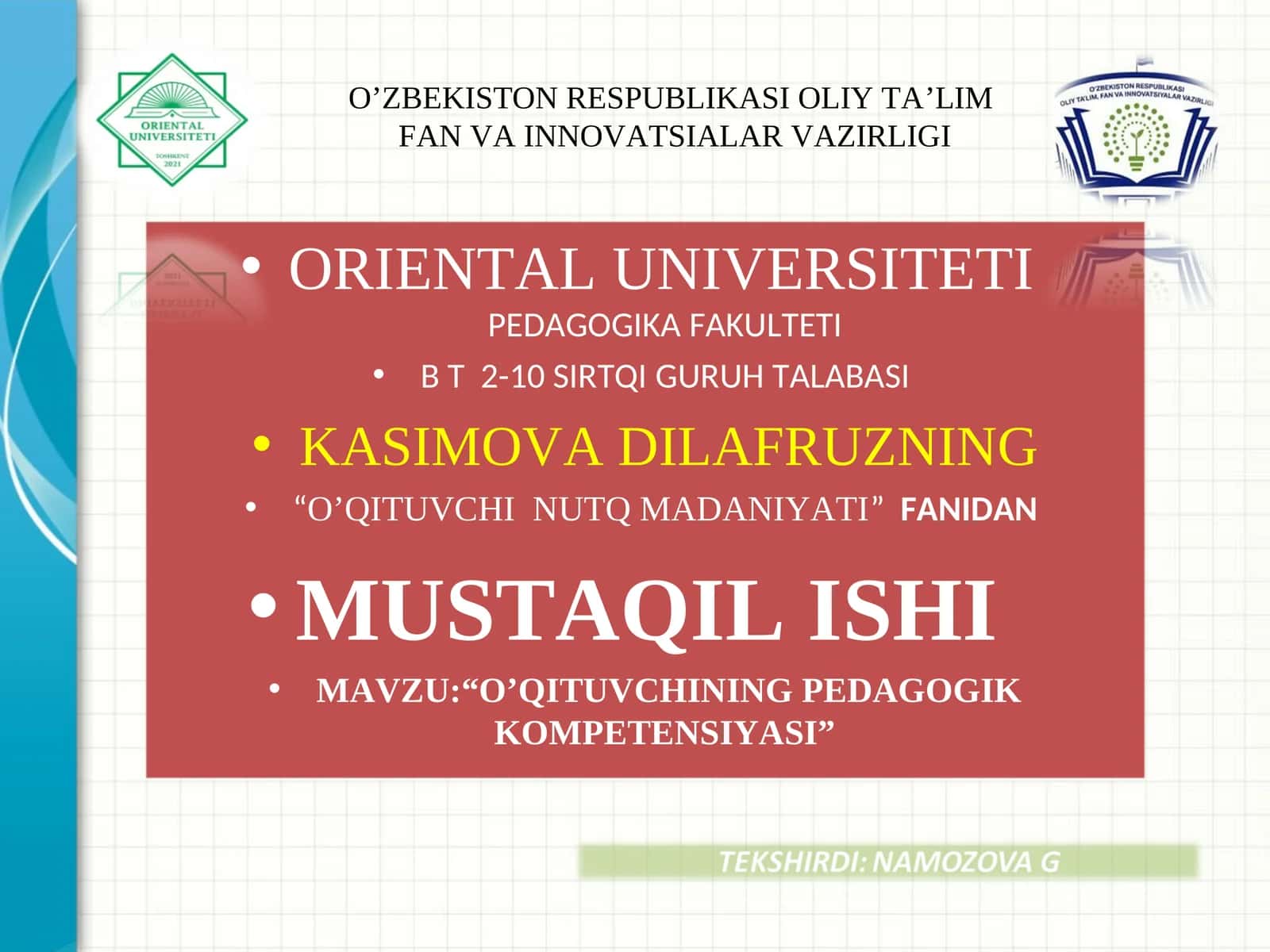 O’QITUVCHINING PEDAGOGIK KOMPETENSIYASI