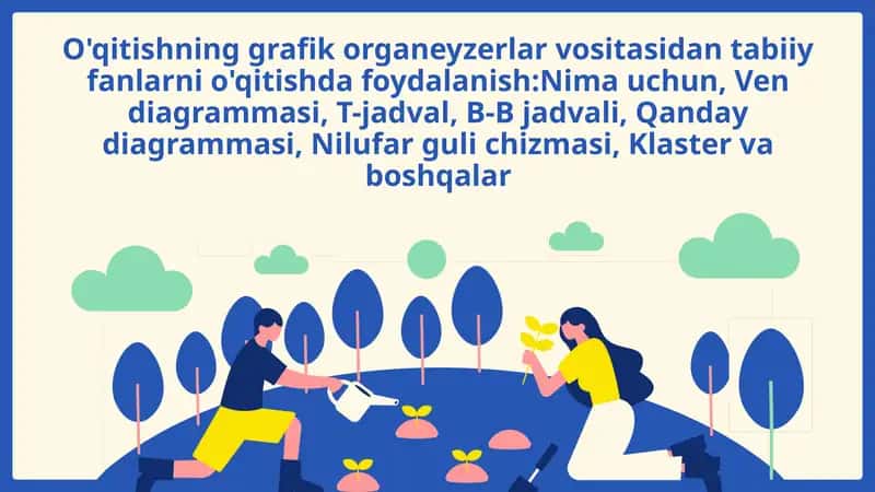 O'qitishning grafik organeyzerlar vositasidan tabiiy fanlarni o'qitishda foydalanish:Nima uchun, Ven diagrammasi, T-jadval, B-B jadvali, Qanday diagrammasi, Nilufar guli chizmasi, Klaster va boshqalar