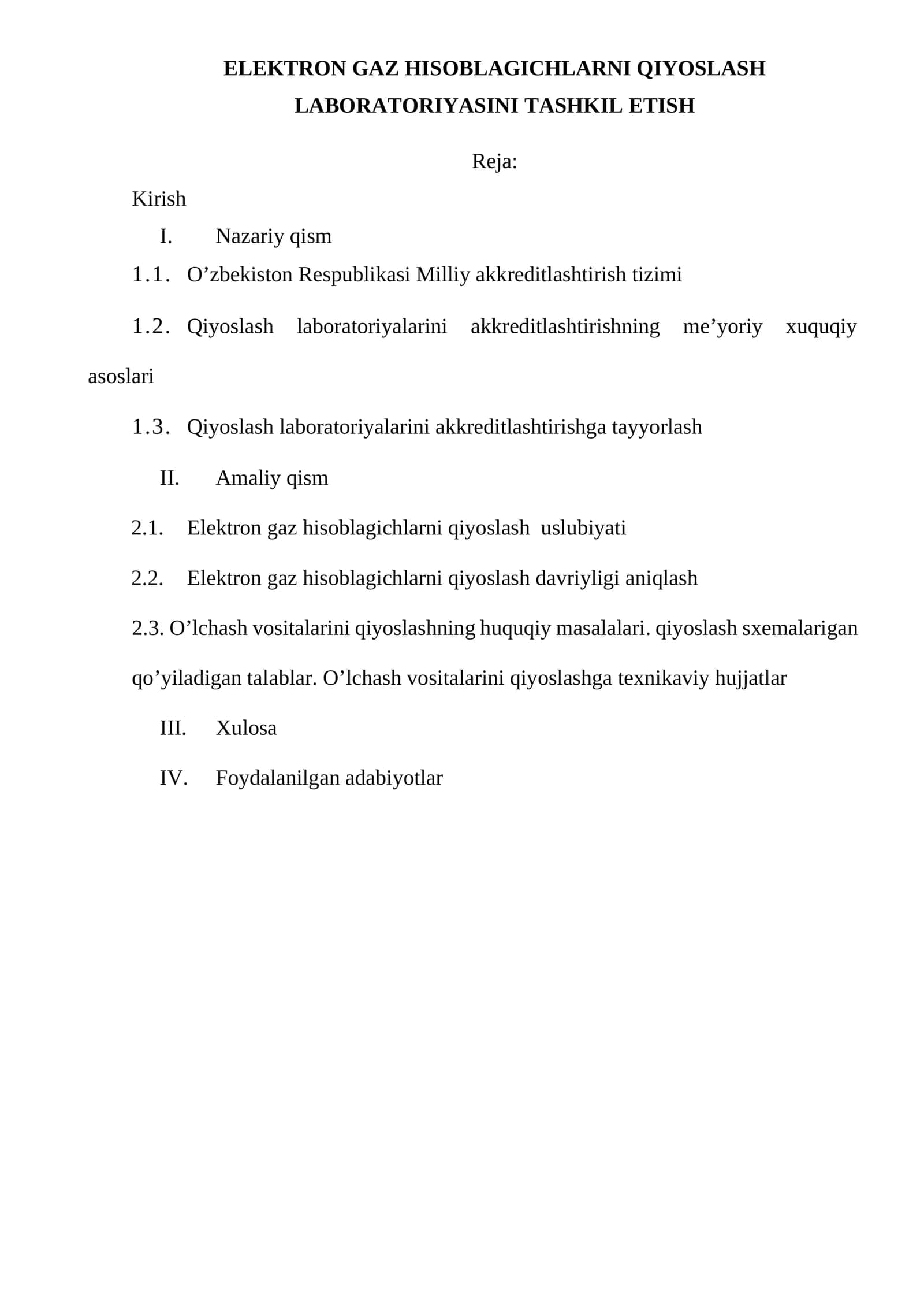 ELEKTRON GAZ HISOBLAGICHLARNI QIYOSLASH LABORATORIYASINI TASHKIL ETISH