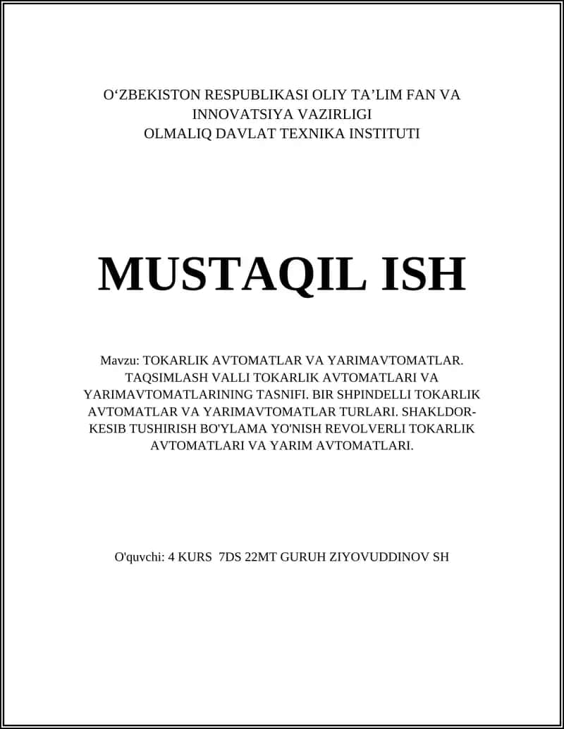 TAQSIMLASH VALLI TOKARLIK AVTOMATLAR VA YARIMAVTOMATLAR