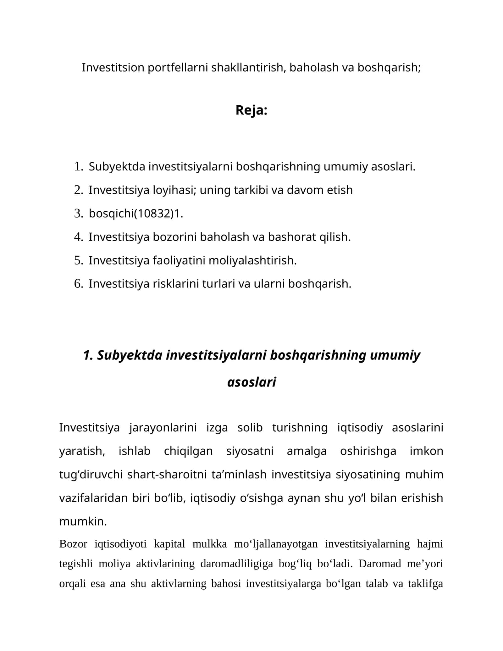 Investitsion portfellarni shakllantirish, baholash va boshqarish