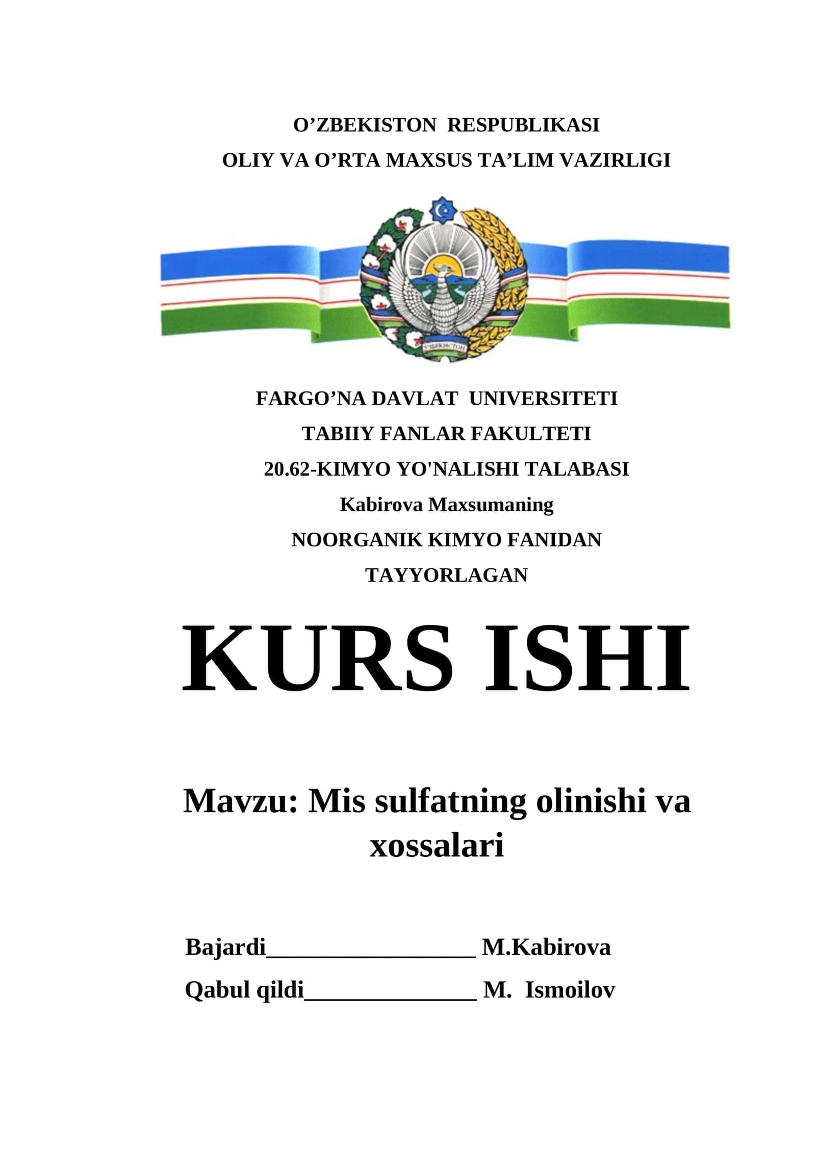 Mis sulfatning olinishi va xossalari