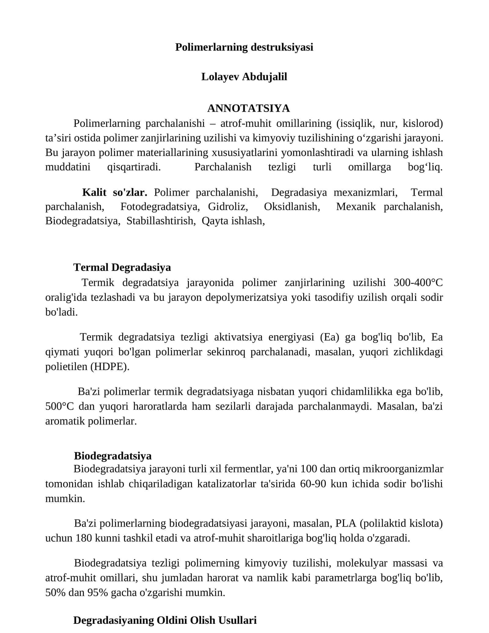 Polimerlarning destruksiyasi