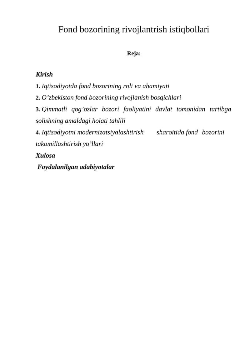 Fond bozorining rivojlantrish istiqbollari