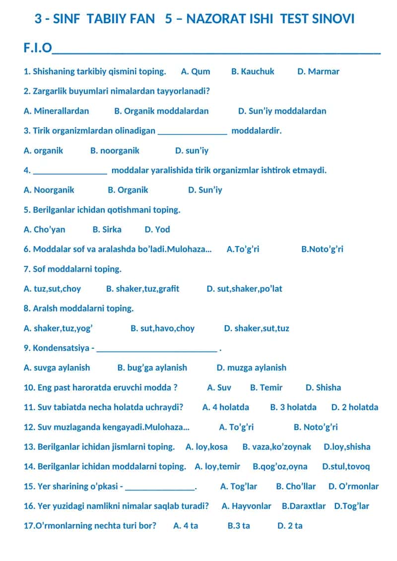 3 - SINF TABIIY FAN 5 – NAZORAT ISHI TEST SINOVI