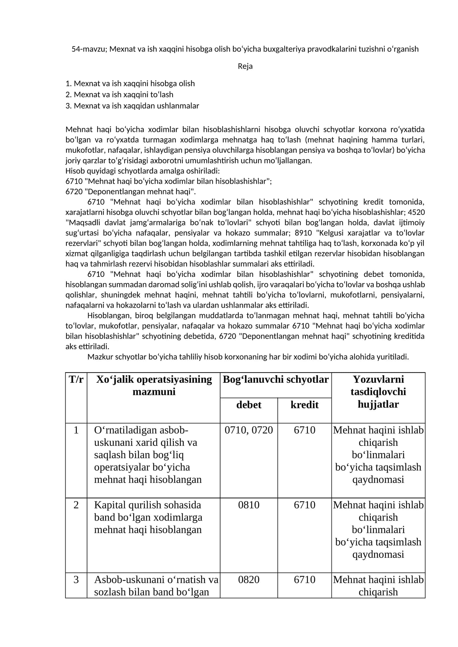 Mexnat va ish xaqqini hisobga olish bo‘yicha buxgalteriya pravodkalarini tuzishni o‘rganish