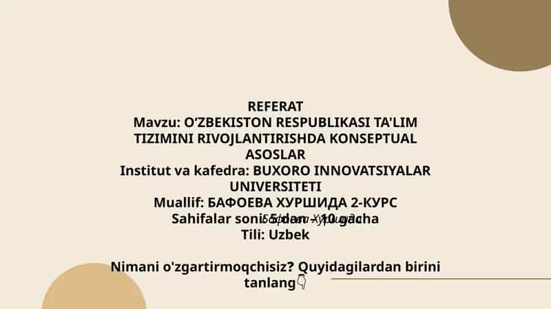 OʻZBEKISTON RESPUBLIKASI TA'LIM TIZIMINI RIVOJLANTIRISHDA KONSEPTUAL ASOSLAR
