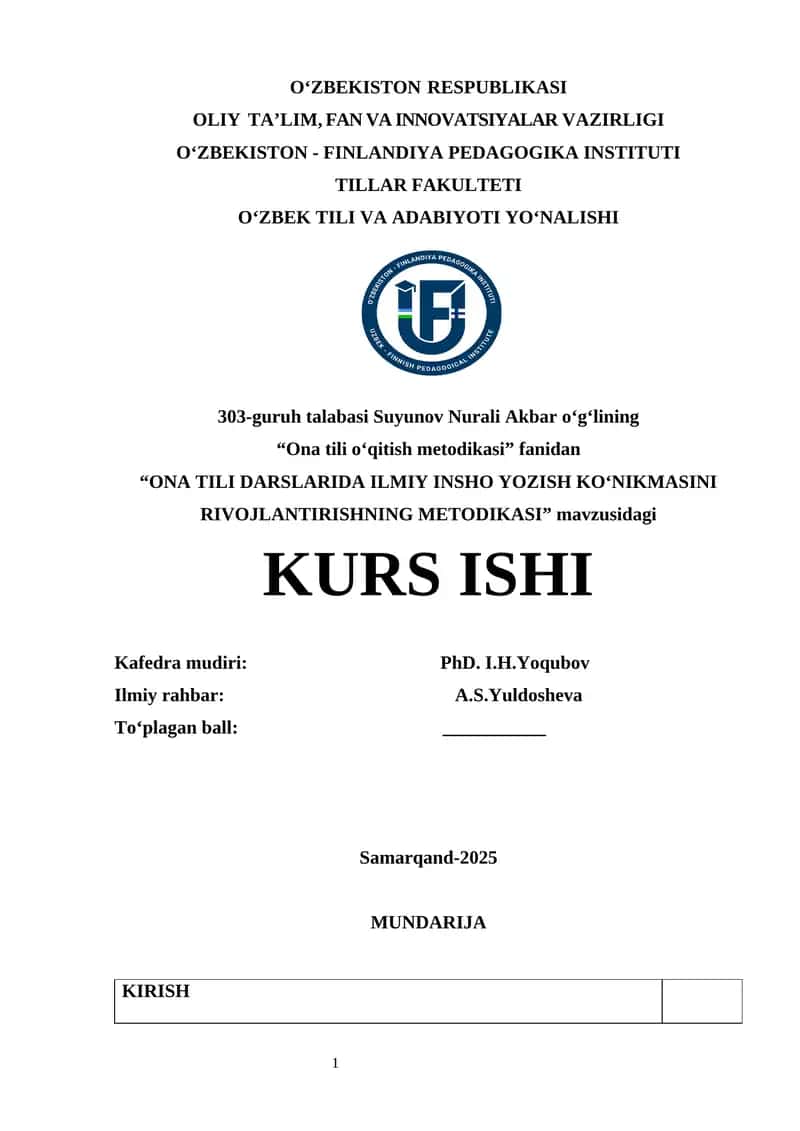 ONA TILI DARSLARIDA ILMIY INSHO YOZISH KO‘NIKMASINI RIVOJLANTIRISHNING METODIKASI