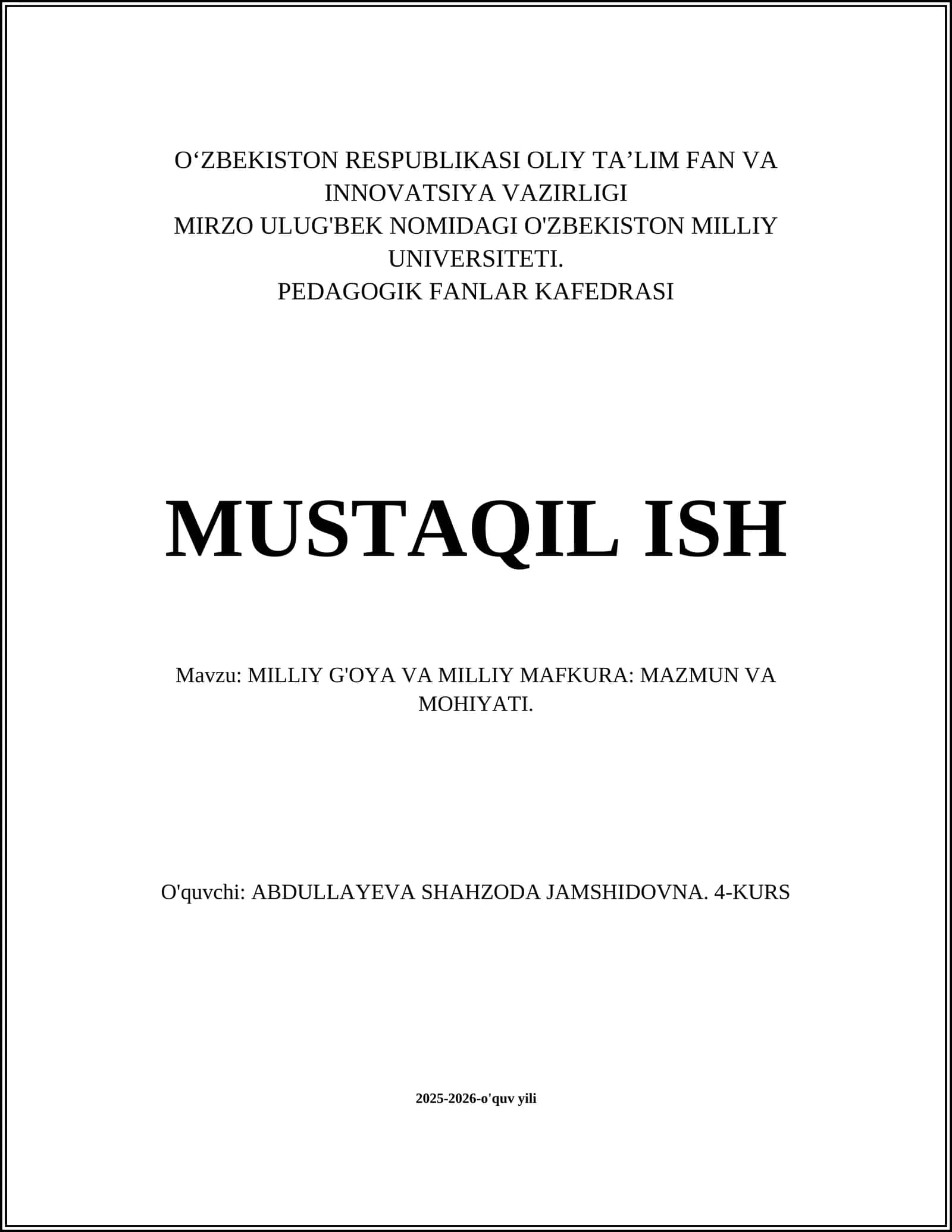 MILLIY G'OYA VA MILLIY MAFKURA: MAZMUN VA MOHIYATI