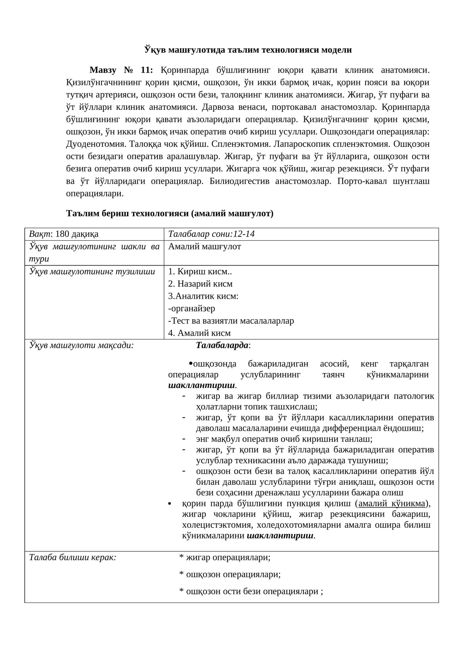 Мавзу № 11: Қоринпарда бўшлиғининг юқори қавати клиник анатомияси