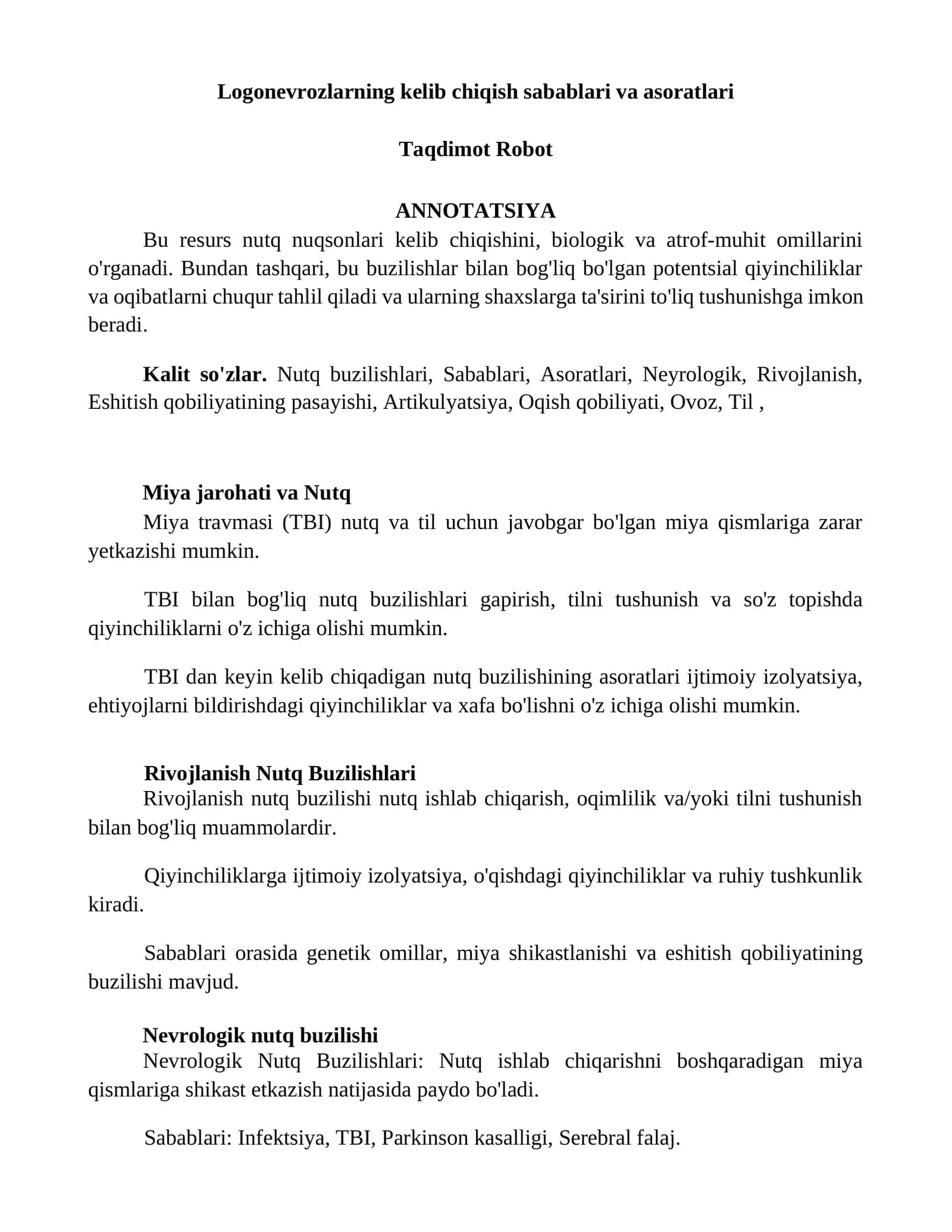 Logonevrozlarning kelib chiqish sabablari va asoratlari