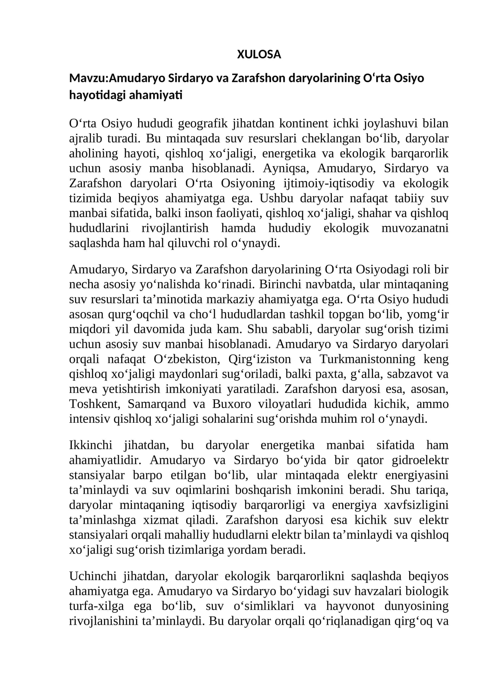 Amudaryo Sirdaryo va Zarafshon daryolarining O‘rta Osiyo hayotidagi ahamiyati