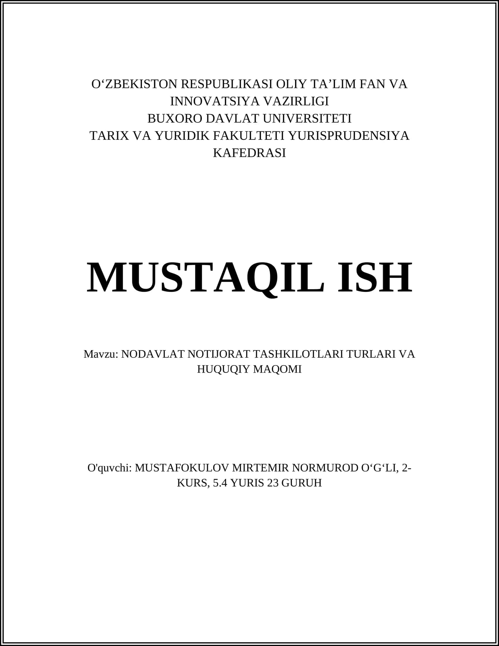 NODAVLAT NOTIJORAT TASHKILOTLARI TURLARI VA HUQUQIY MAQOMI