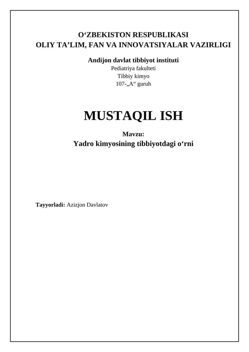Yadro kimyosi tibbiyotdagi oʻrni