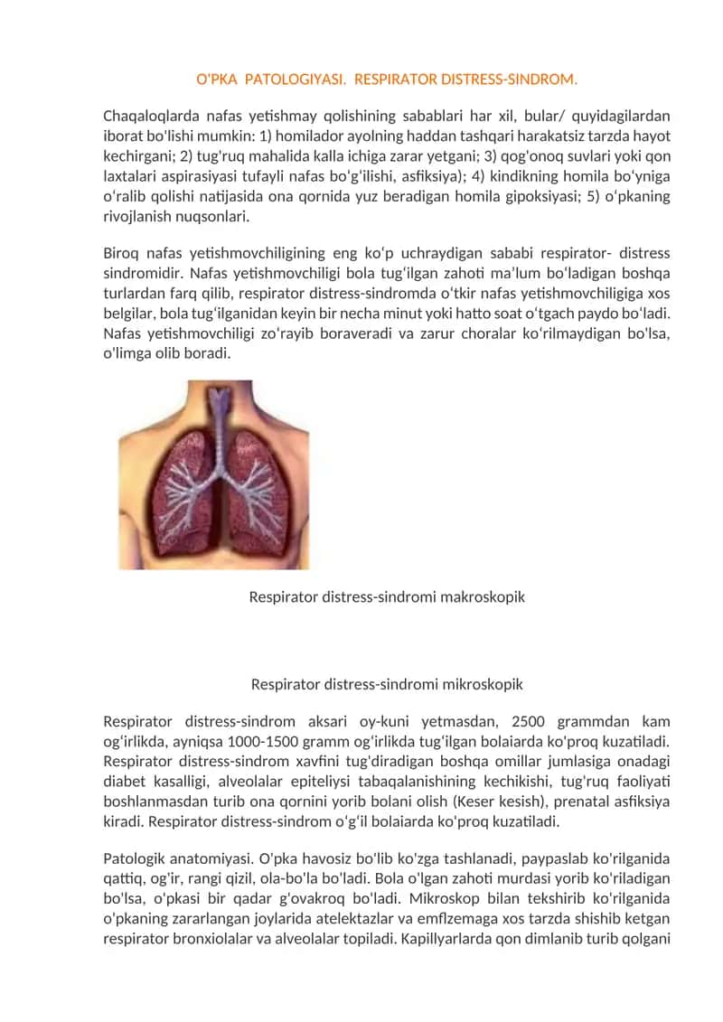 O'PKA PATOLOGIYASI. RESPIRATOR DISTRESS-SINDROM