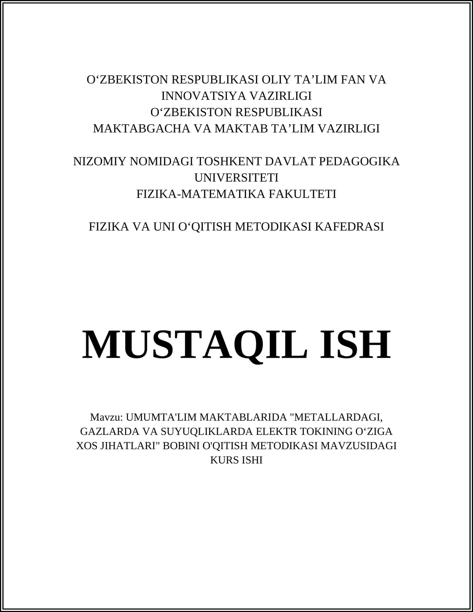 FIZIKA VA UNI O‘QITISH METODIKASI KAFEDRASI