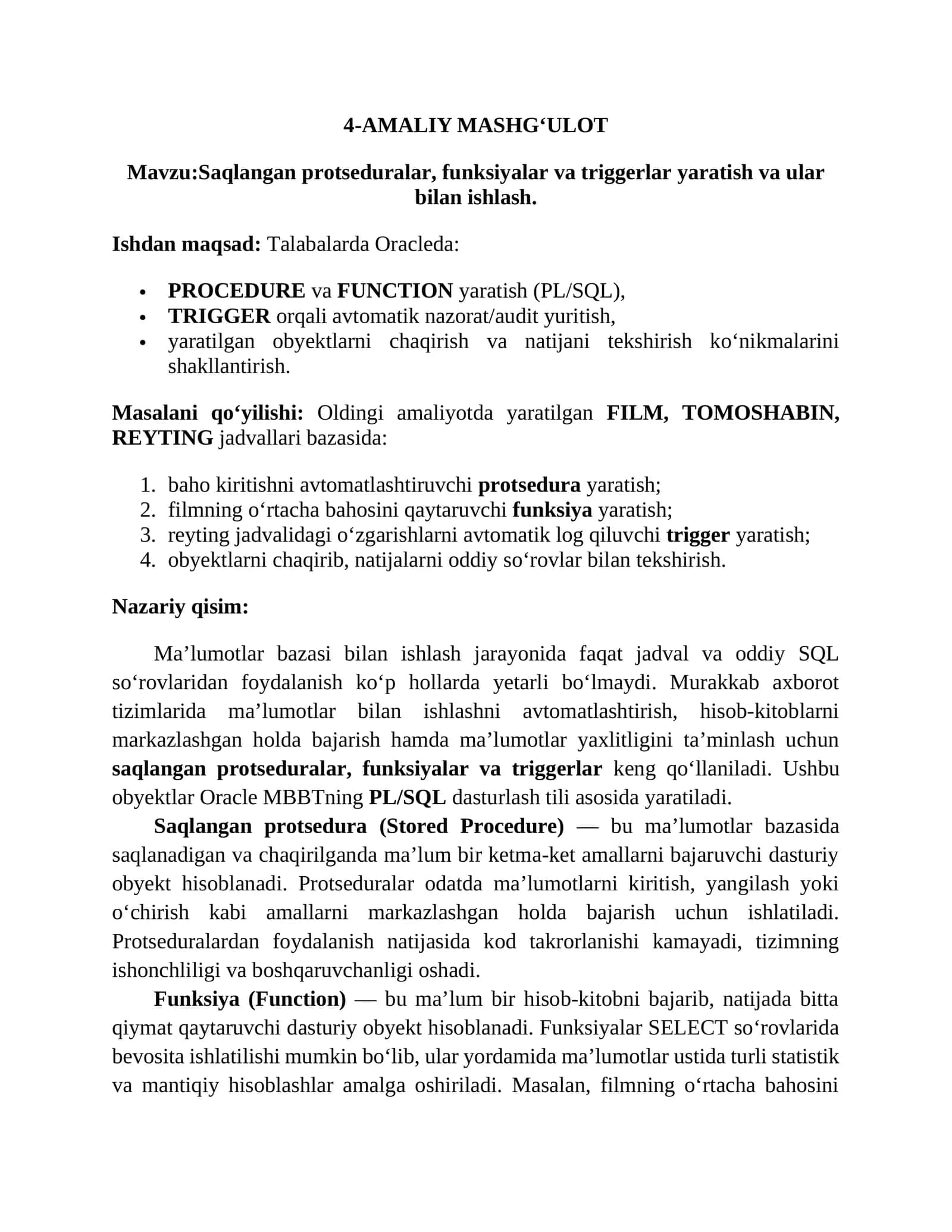 Saqlangan protseduralar, funksiyalar va triggerlar yaratish va ular bilan ishlash