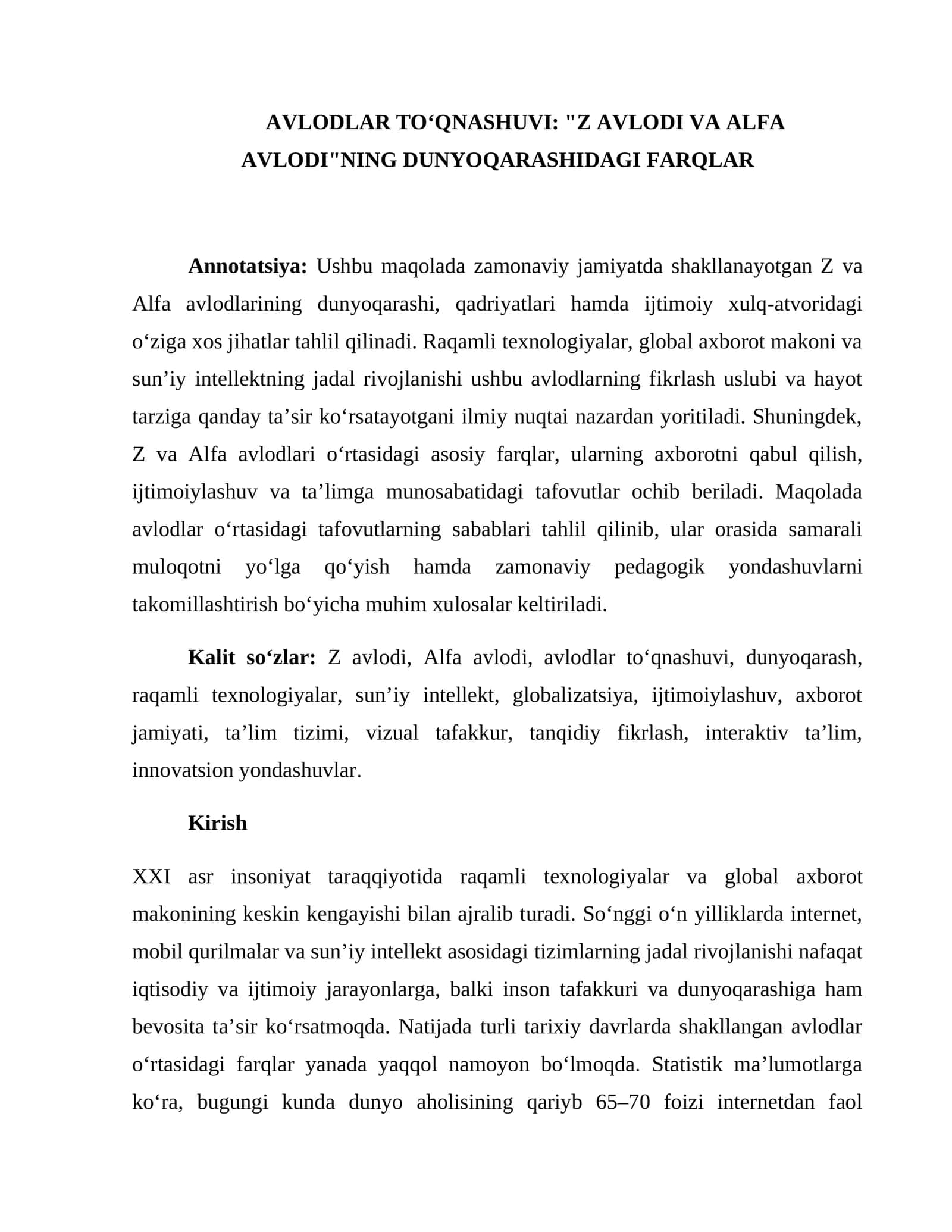 AVLODLAR TOʻQNASHUVI: "Z AVLODI VA ALFA AVLODI"NING DUNYOQARASHIDAGI FARQLAR