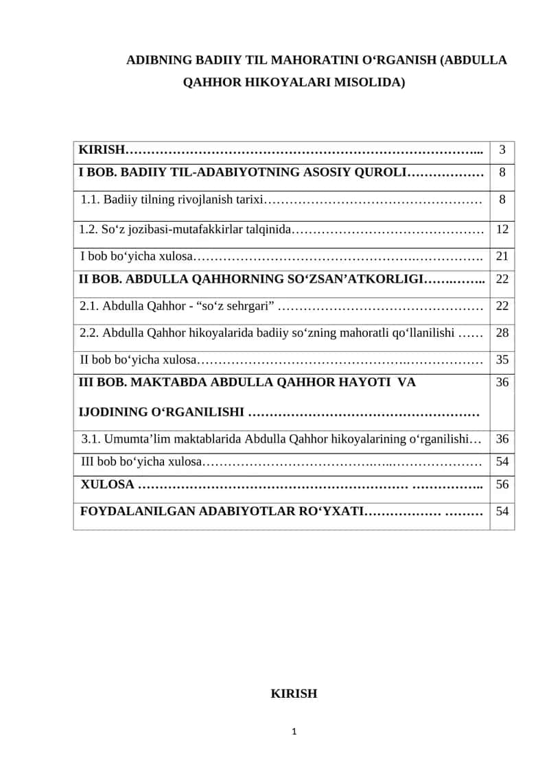 ADIBNING BADIIY TIL MAHORATINI O‘RGANISH (ABDULLA QAHHOR HIKOYALARI MISOLIDA)
