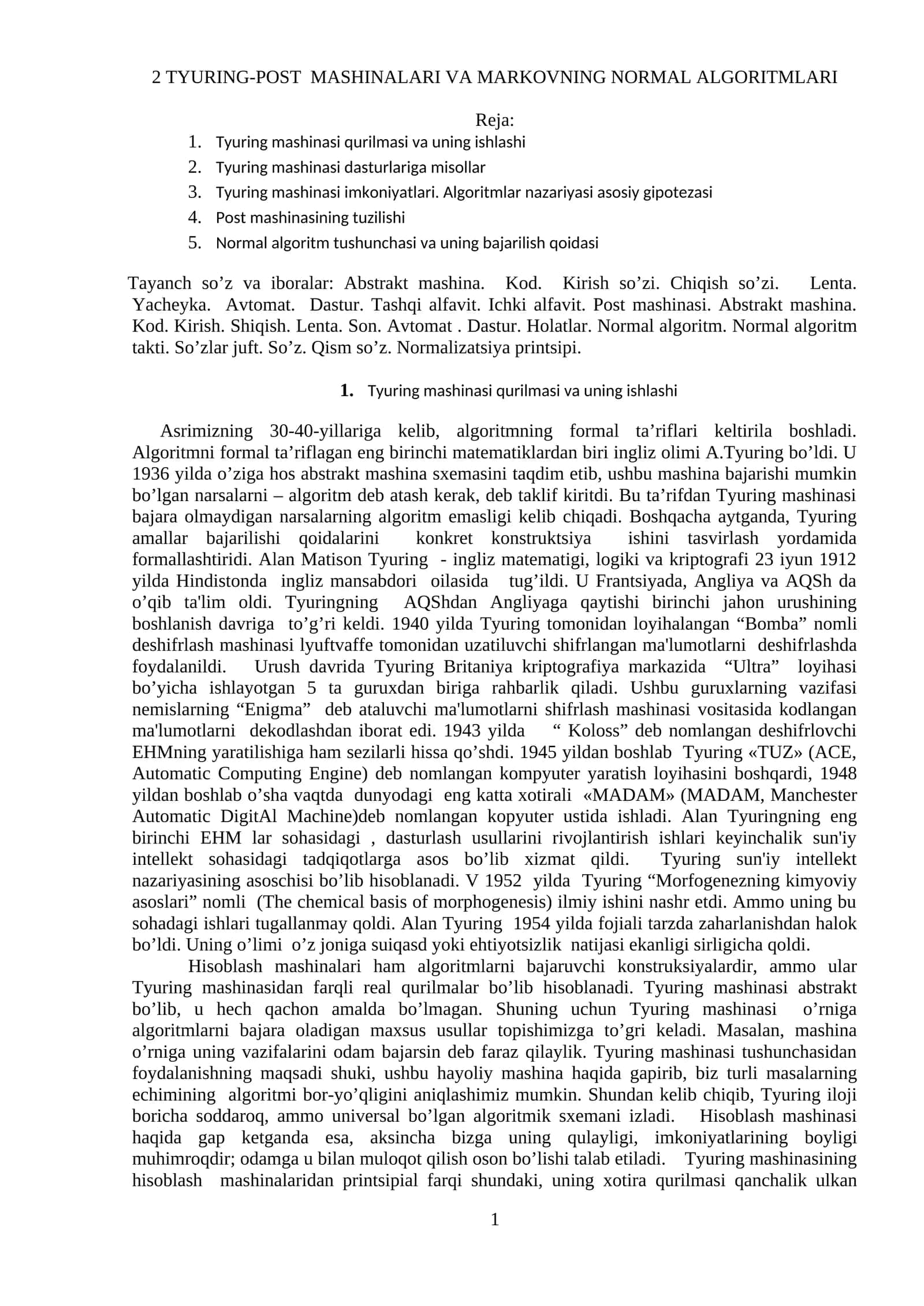 TYURING-POST MASHINALARI VA MARKOVNING NORMAL ALGORITMLARI