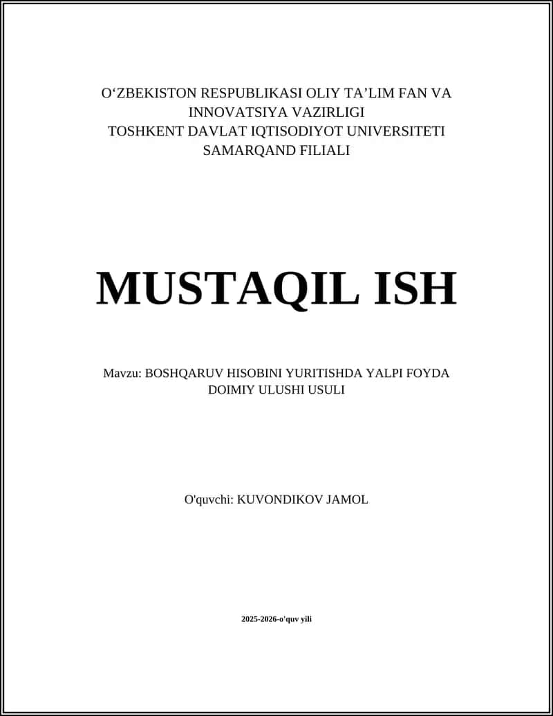 BOSHQARUV HISOBINI YURITISHDA YALPI FOYDA DOIMIY ULUSHI USULI