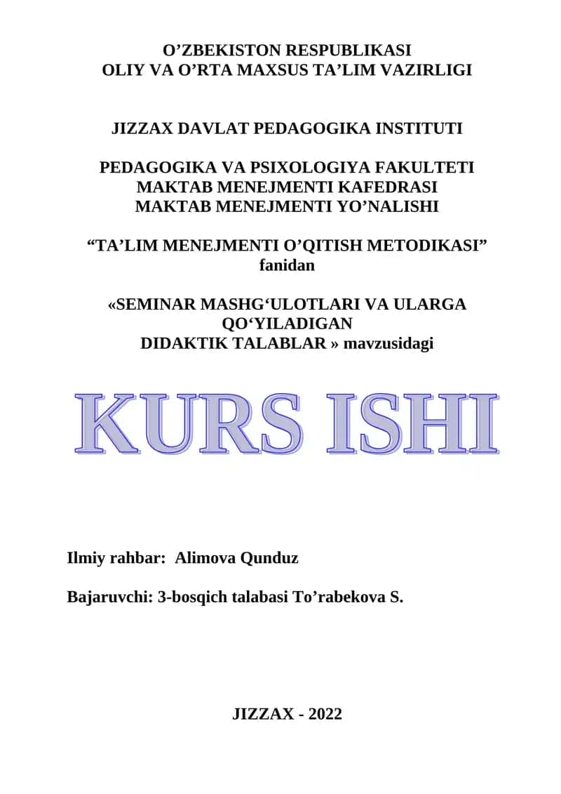 "TA’LIM MENEJMENTI O’QITISH METODIKASI" seminar mashg'ulotlari
