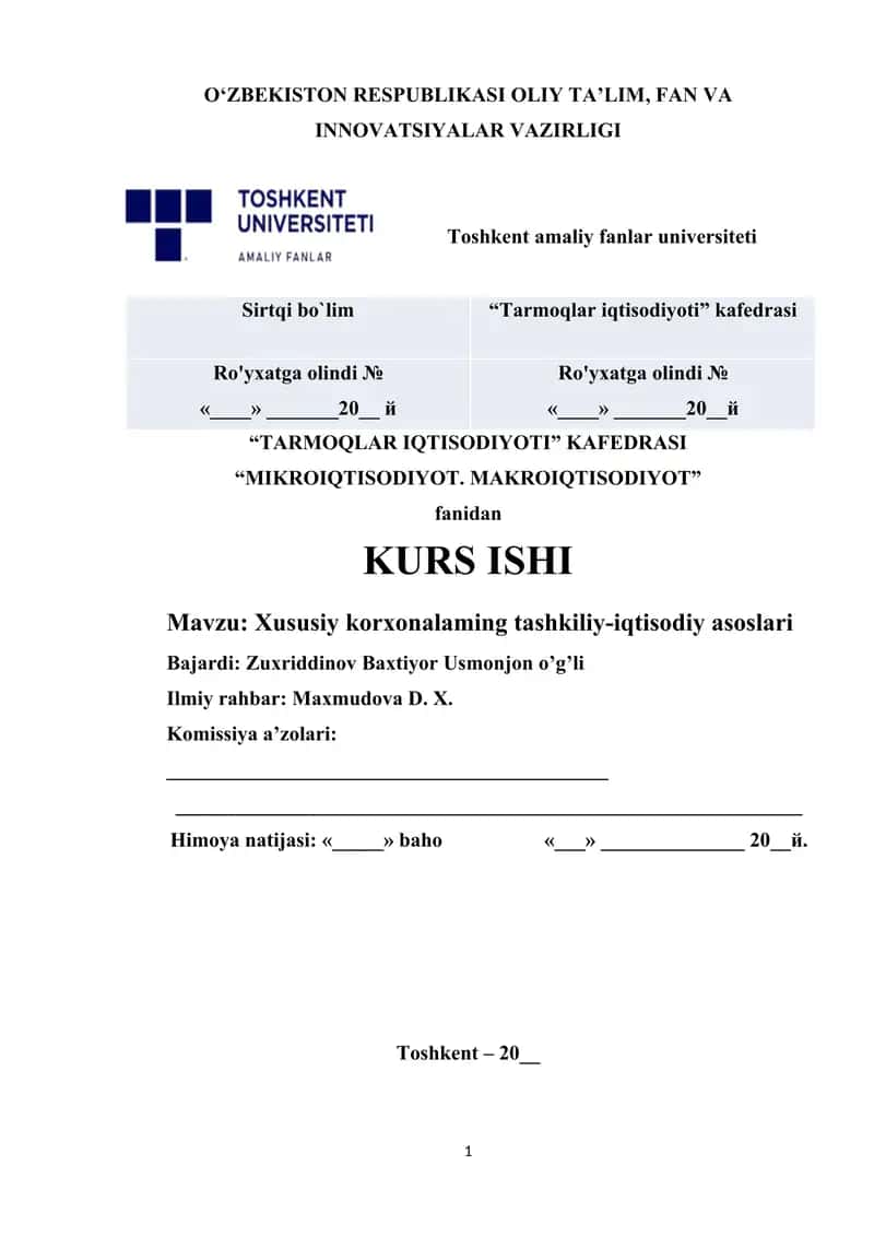 Xususiy korxonalaming tashkiliy-iqtisodiy asoslari
