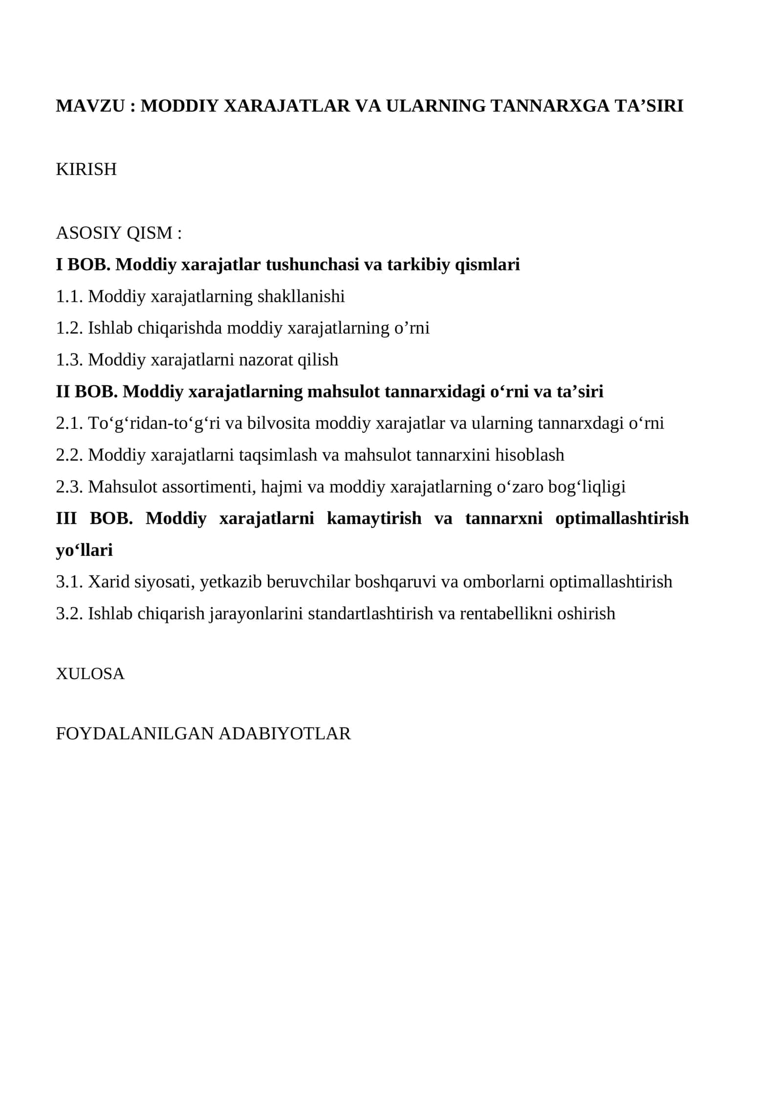 MODDIY XARAJATLAR VA ULARNING TANNARXGA TA’SIRI