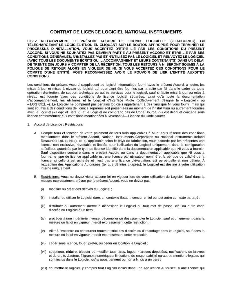 CONTRAT DE LICENCE LOGICIEL NATIONAL INSTRUMENTS