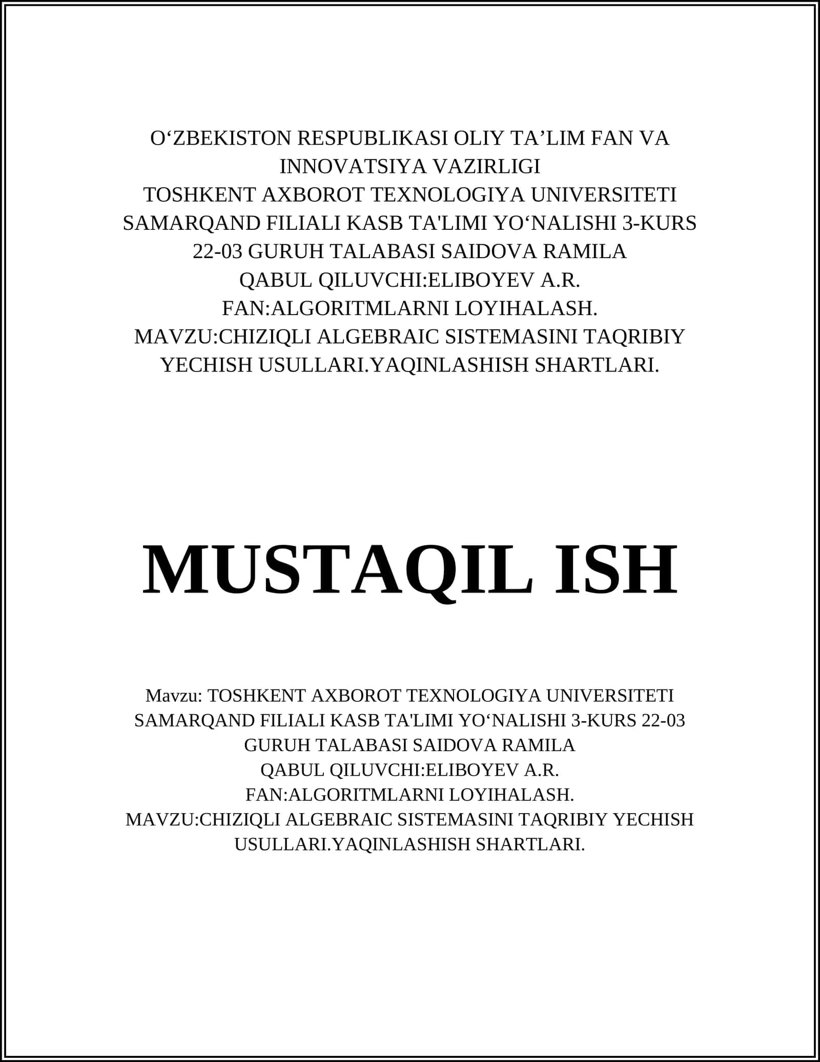 Chiziqli algebraik sistemalarini taqribiy yechish