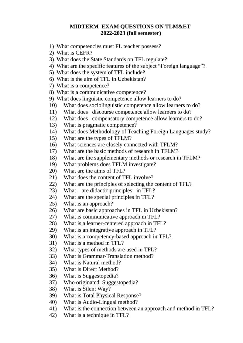 MIDTERM EXAM QUESTIONS ON TLM&ET