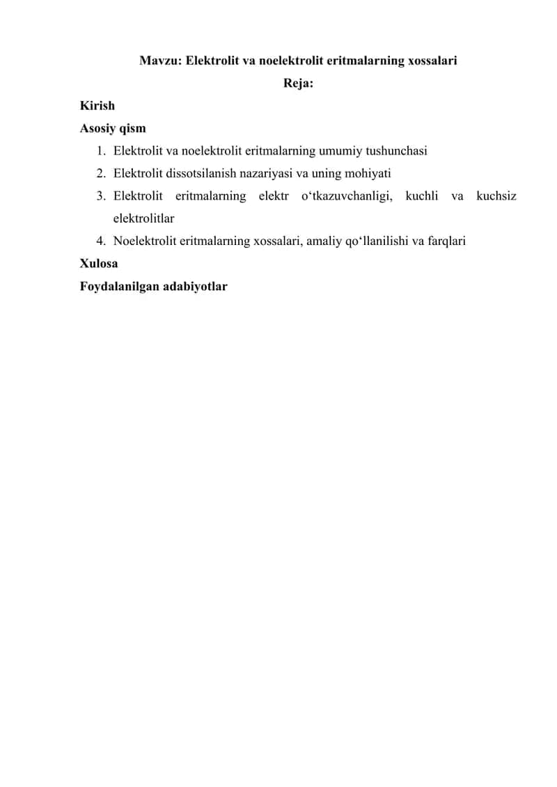 Elektrolit va noelektrolit eritmalarning xossalari
