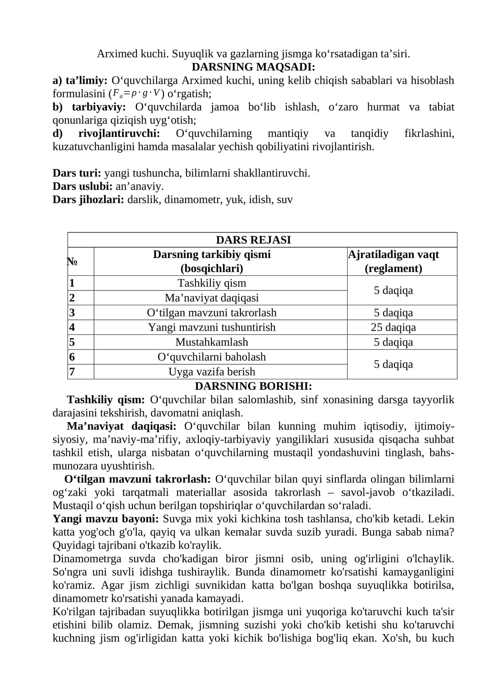 Arximed kuchi. Suyuqlik va gazlarning jismga ko‘rsatadigan ta’siri