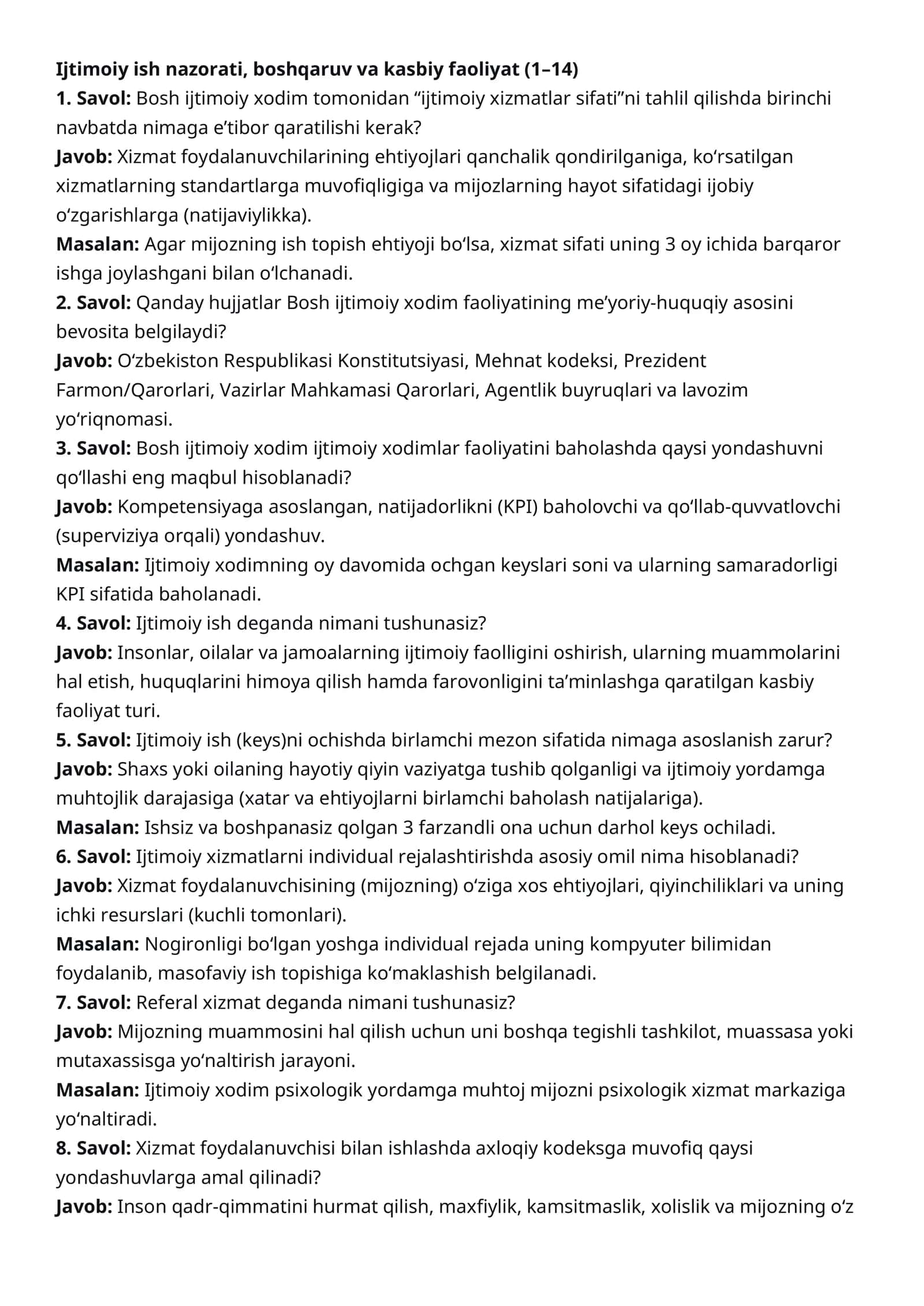 Agros 2026 suhbat savollari javoblari va misollar bilan javob berilgan jami 190 savol (Ijtimoiy xodim)