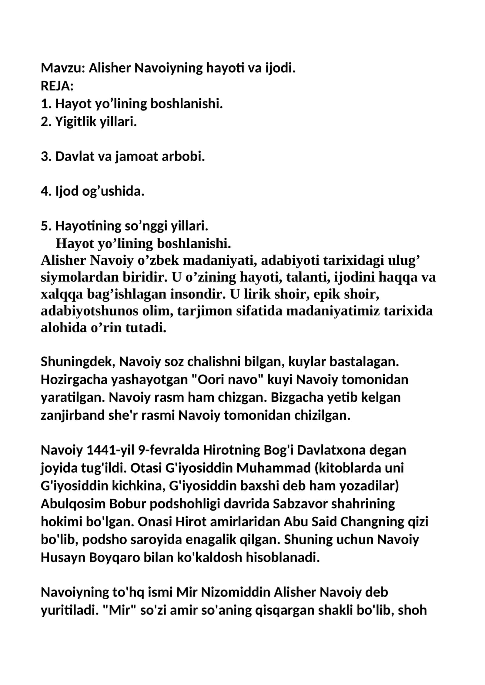 Alisher Navoiyning hayoti va ijodi
