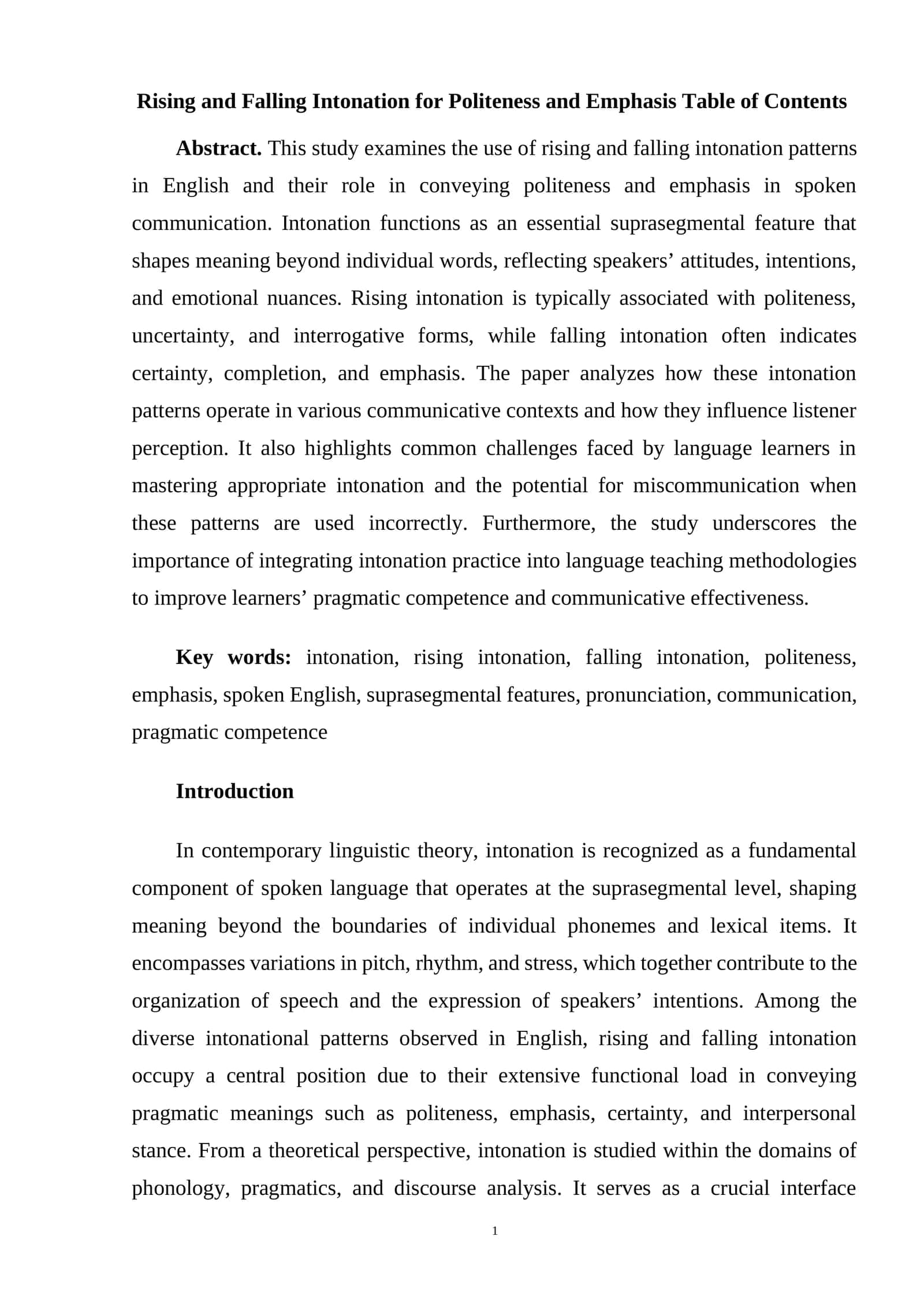 Rising and Falling Intonation for Politeness and Emphasis Table of Contents