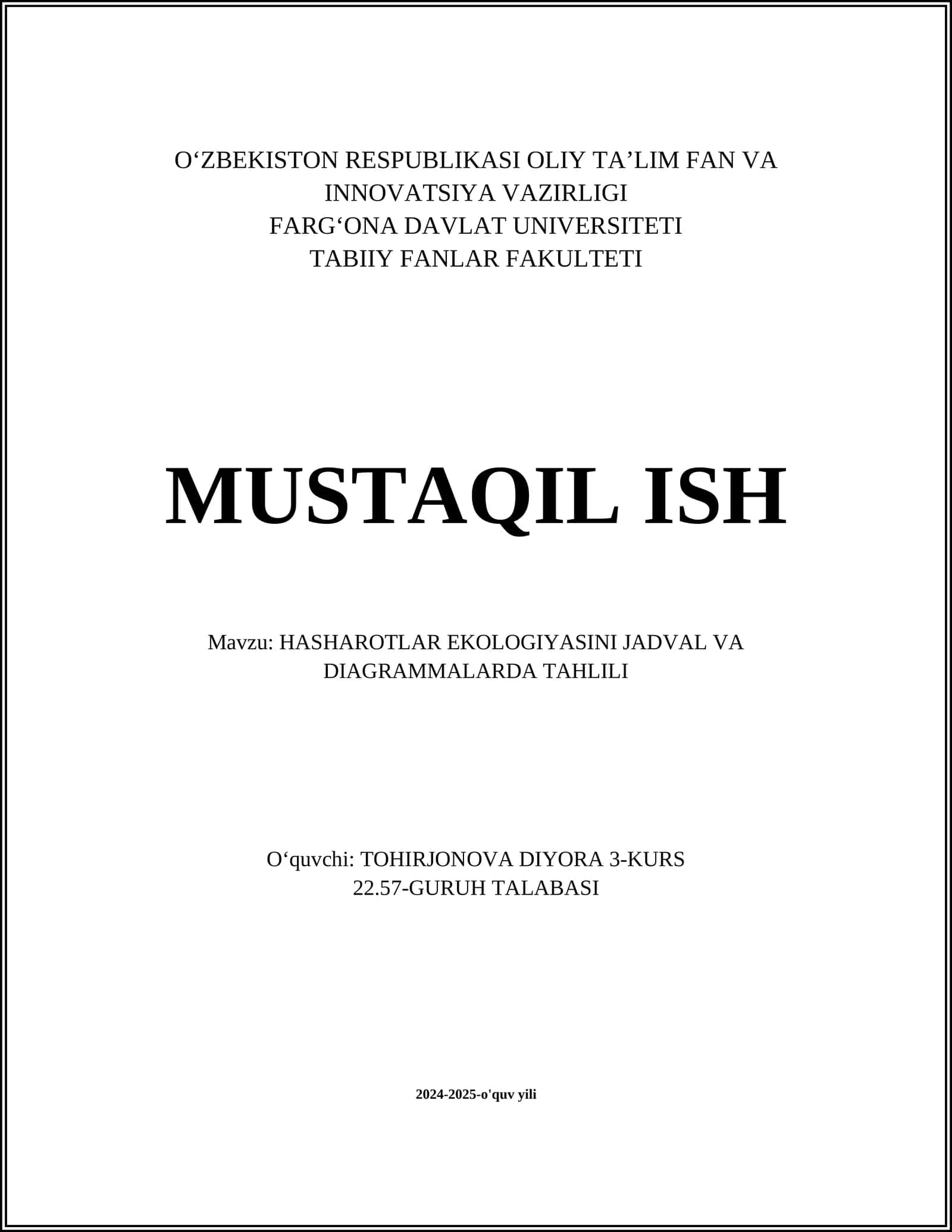 HASHAROTLAR EKOLOGIYASINI JADVAL VA DIAGRAMMALARDA TAHLILI