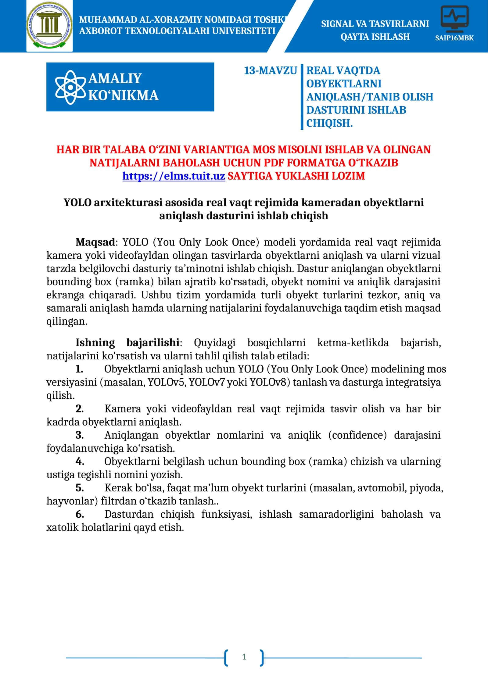 YOLO arxitekturasi asosida real vaqt rejimida kameradan obyektlarni aniqlash dasturini ishlab chiqish