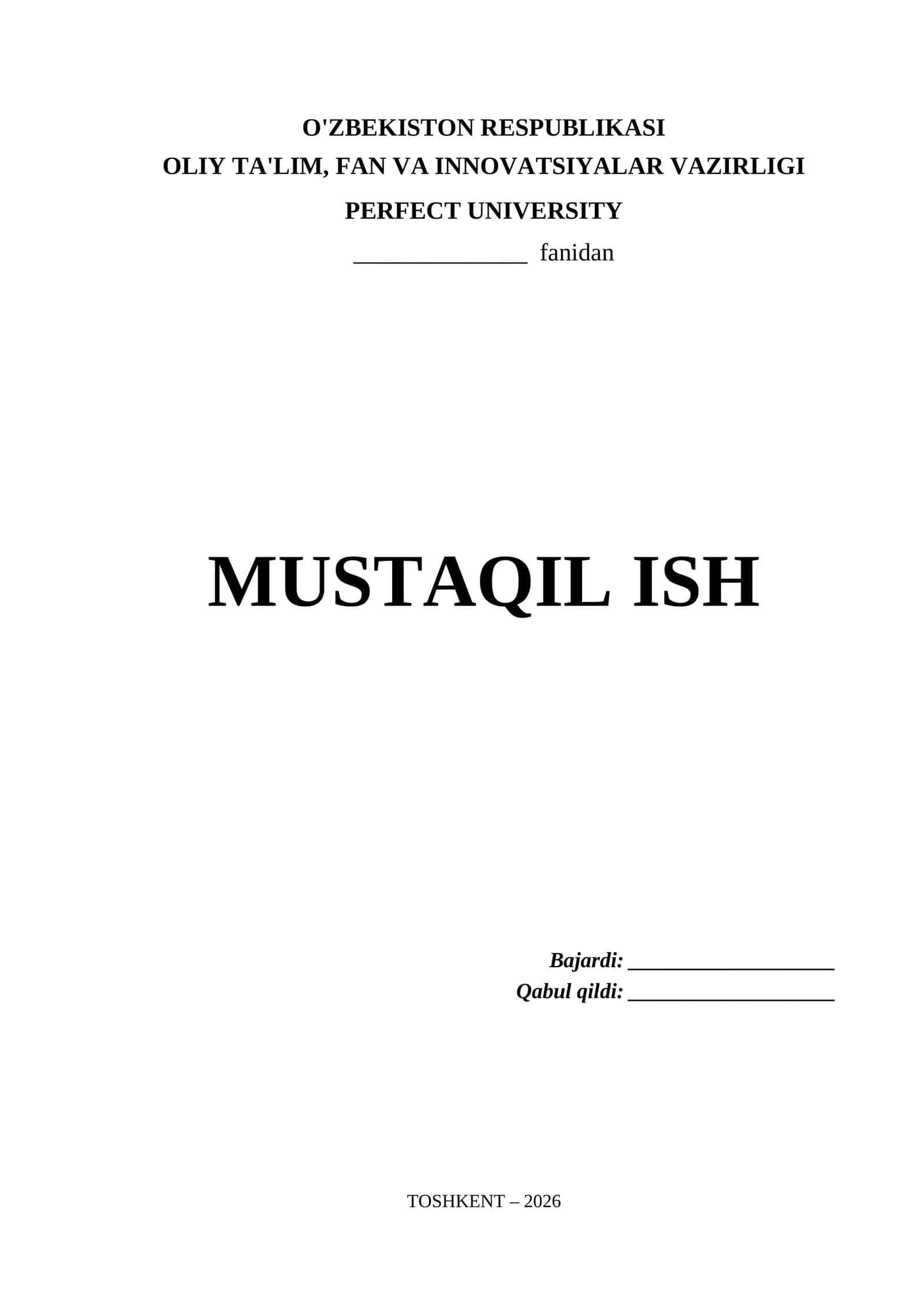 Perfect University Mustaqil Ish Titul Varaq (.docx)