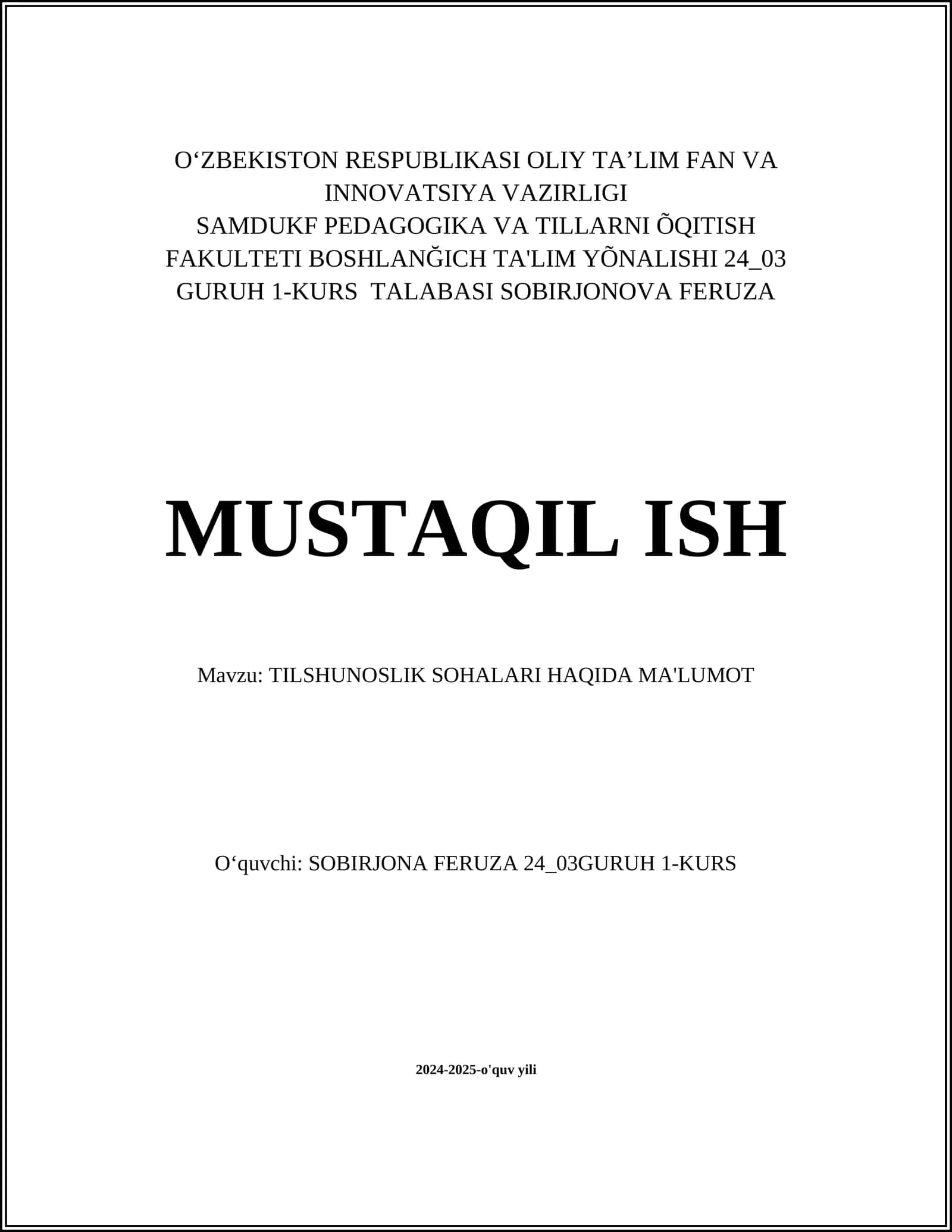 TILSHUNOSLIK SOHALARI HAQIDA MA'LUMOT